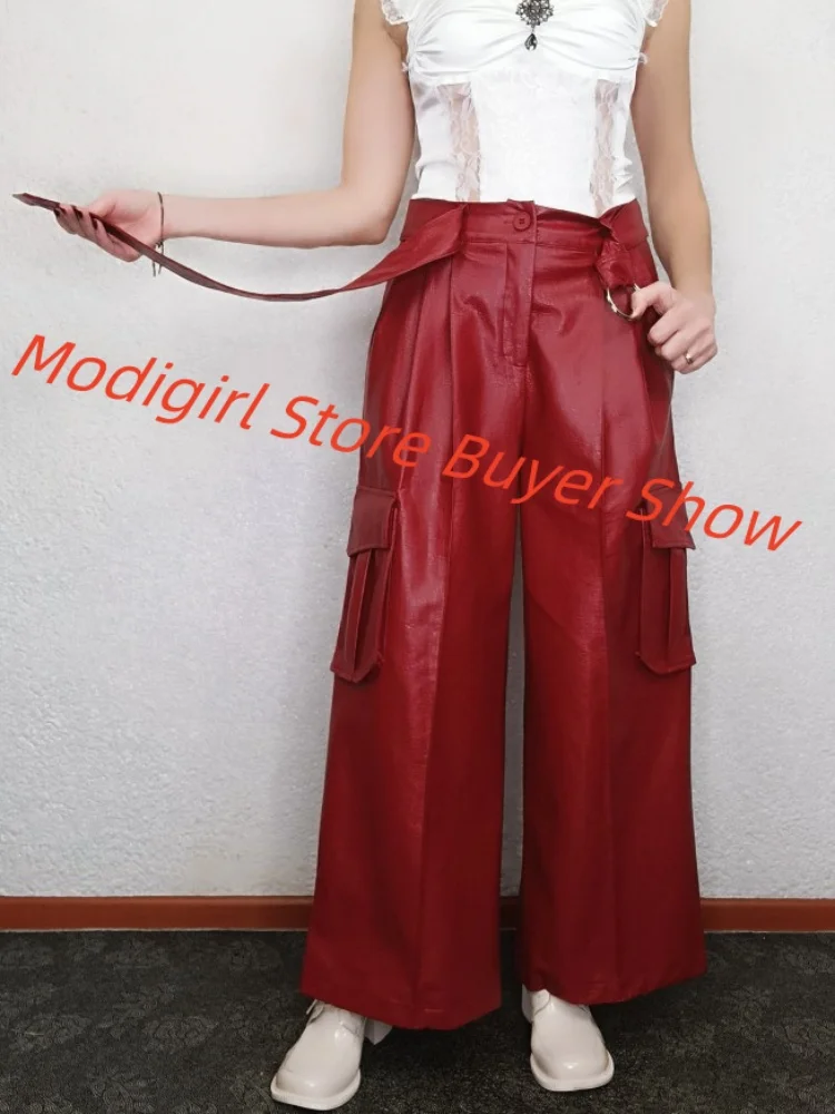 Modigirl Winter Women Faux PU Leather Pants Red Black High Waist Streetwear Clothes Womon 2024 Oryginalne spodnie z szerokimi nogawkami