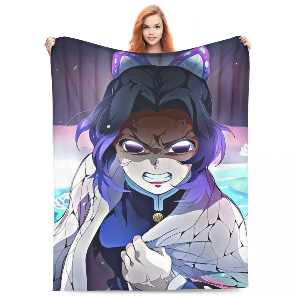 Insect Hashira Shinobu Kocho Blanket Flannel Anime Demon Slayer Ultra-Soft Throw Blankets for Bed Bed Rug