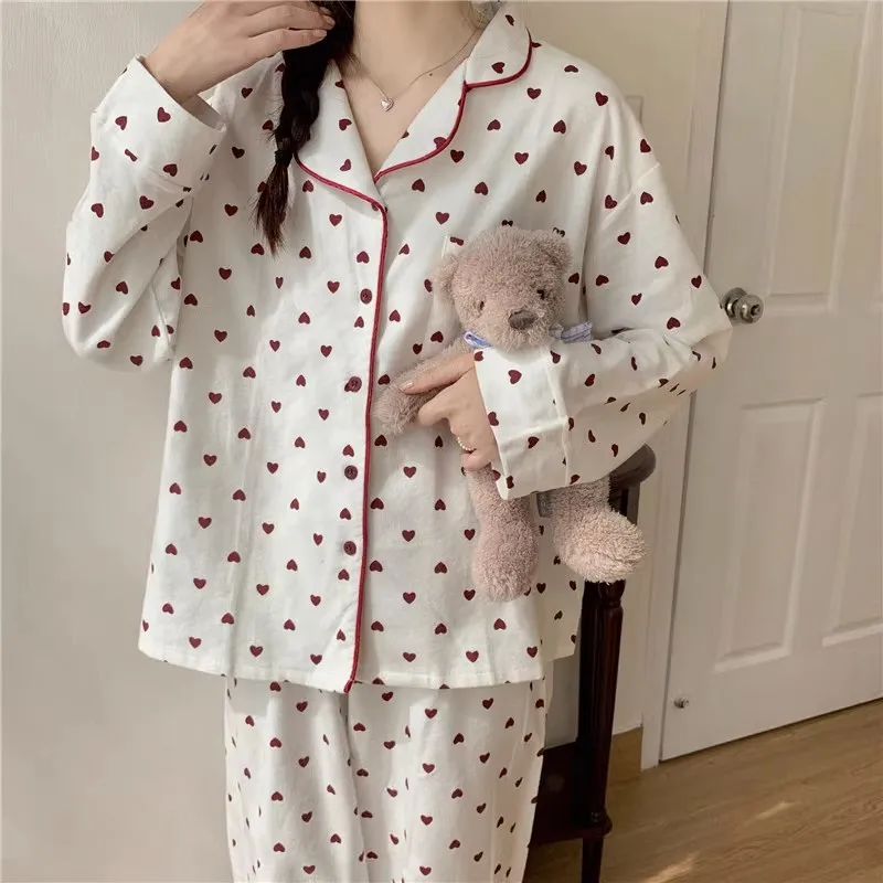 Conjunto de pijama de manga comprida feminino, roupa de dormir, calça casual, respirável, mobiliário doméstico, primavera, outono