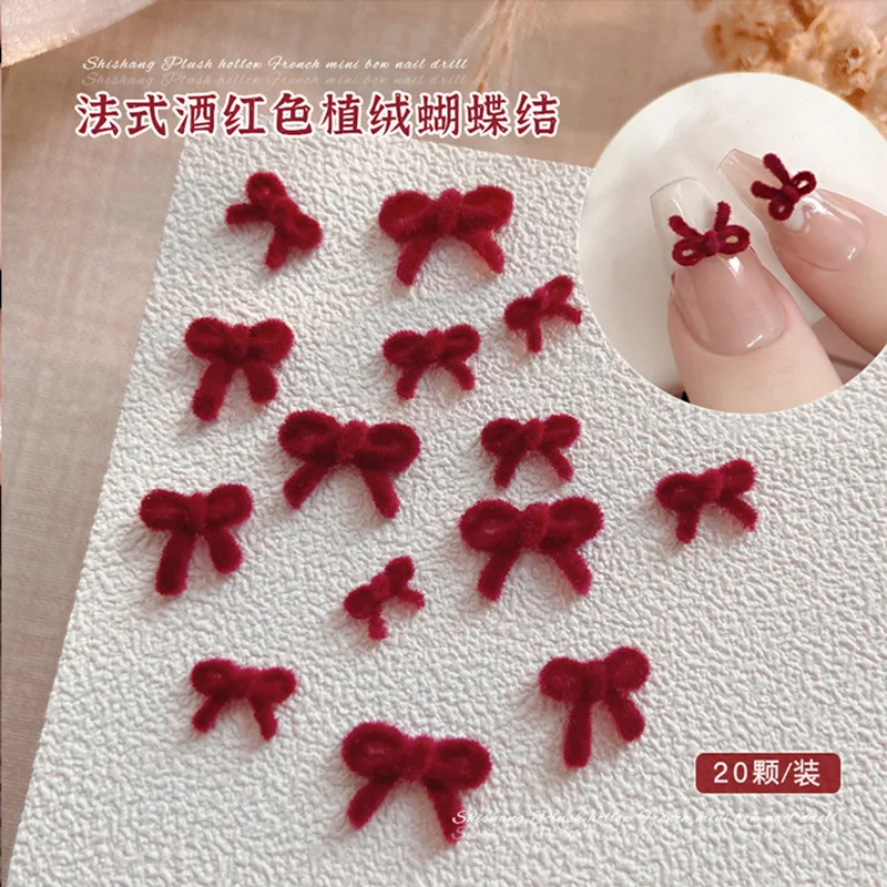 40PCS Wine Red Flocking 3D Nail Art Bow Tie Charms Furry Bowkont Accessories For Manicure Decor Fluffy Nails Decoration Supplies