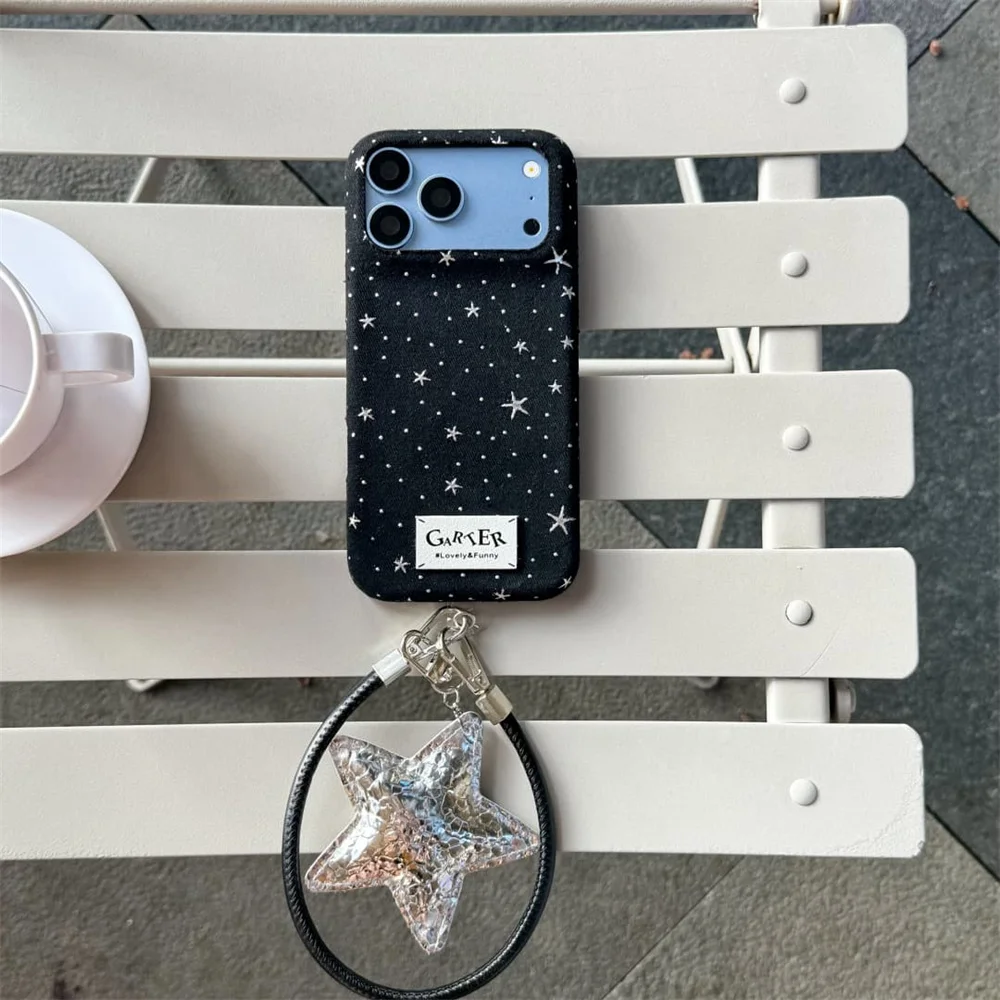 Korea Ins Winter Black Velvet Star Dot Phone Case With Transparent Star Charm Wrist Strap For iPhone 18 17 16 15 Pro Max Cases
