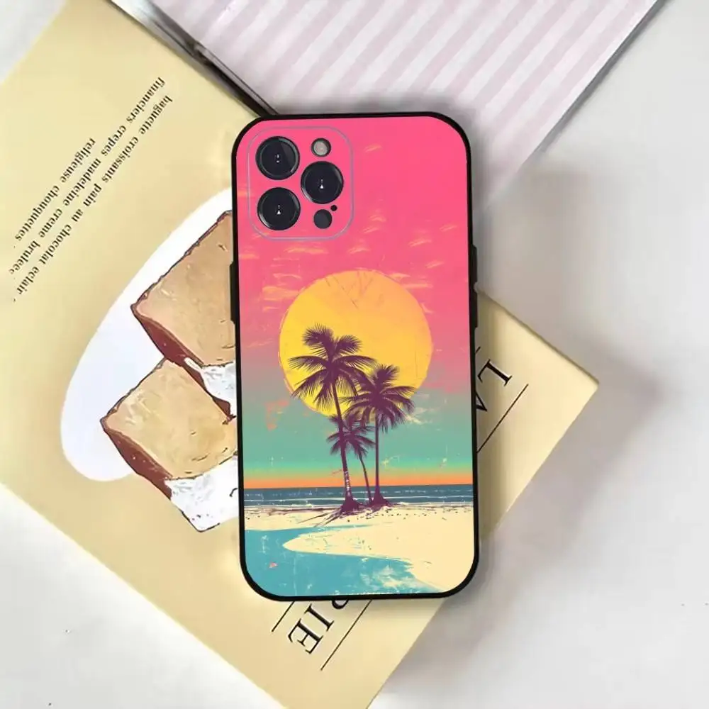 Palm Tree Beach Summer Phone Case For iPhone17,16,15,14,13,12,11 Plus,Pro Max,Soft Black Cover
