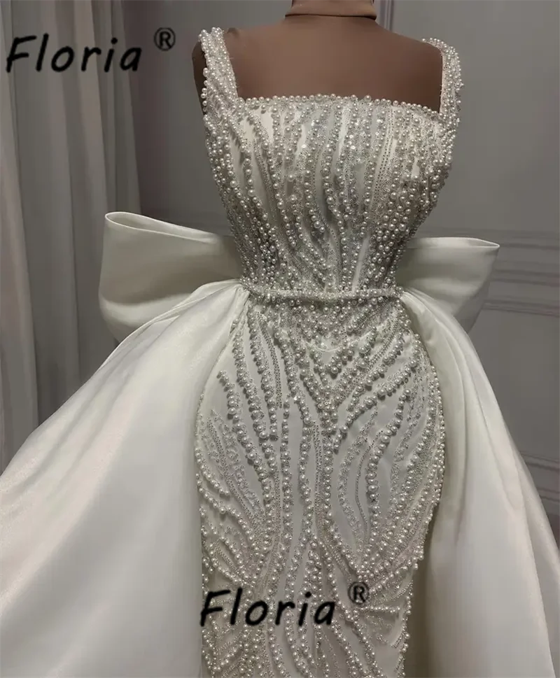 Vestido de novia de lujo con perlas de cristal de Dubái para mujer, elegante vestido de novia con cuentas de tren desmontable, lazo grande, 2024