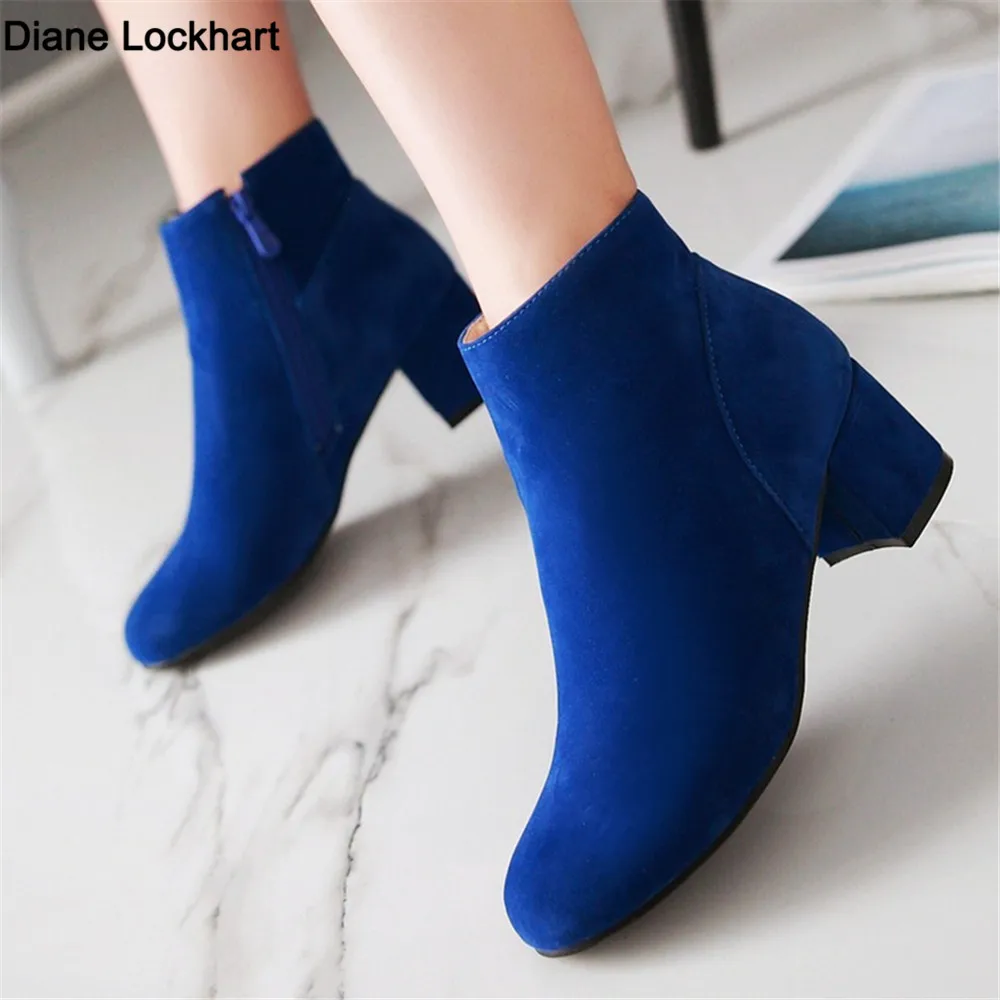 Spring Autumn Classic Flock Women Ankle Boots Fashion Female Boats Mujer Chunky Heels Comfortable Side Zip Short Bare Booties