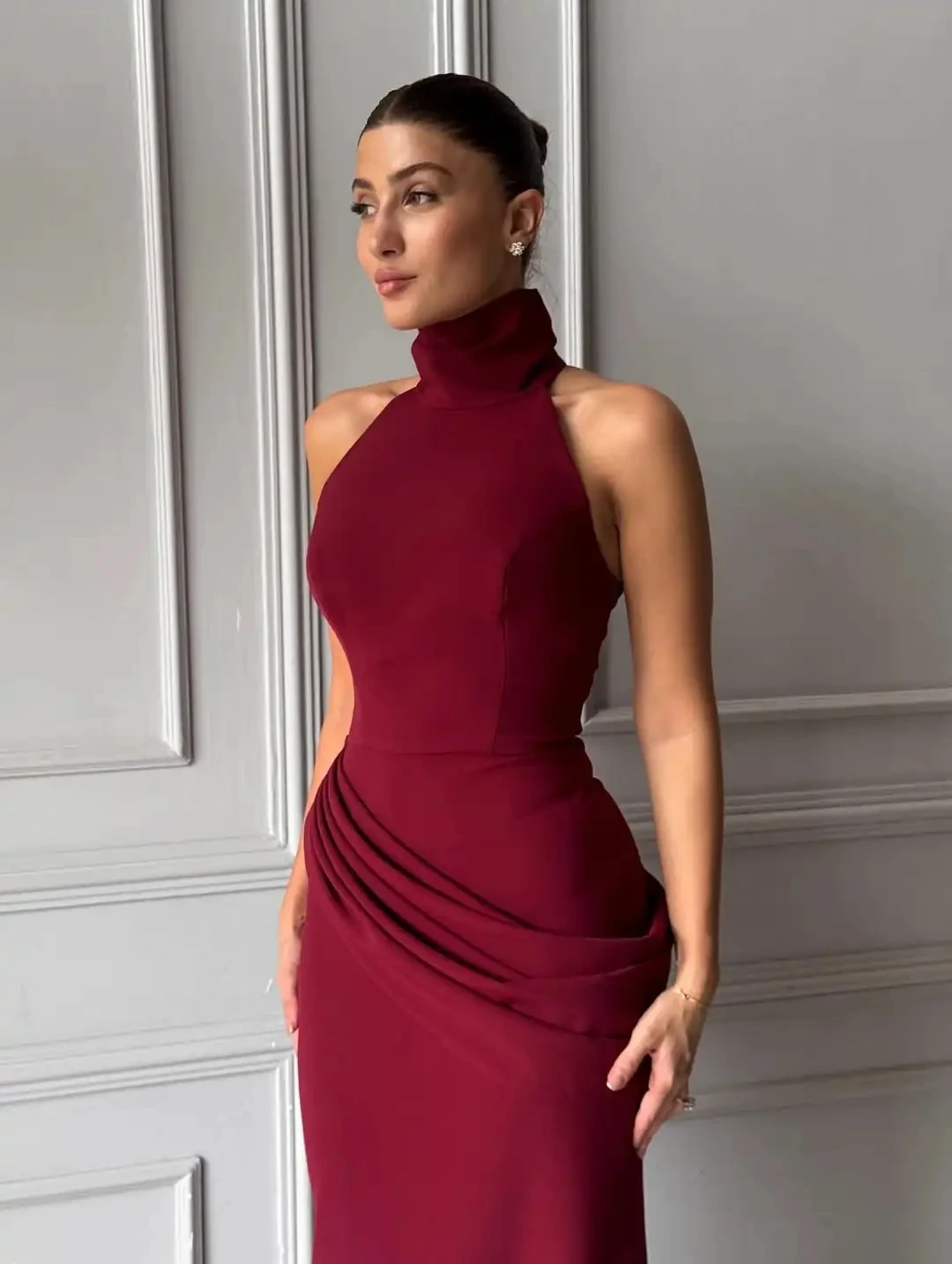 Customized Mermaid High Neck Sleeveless Pleated Evening Dress Women's Elegant Slimming Beaded Back Zipper Floor Length Prom Gown