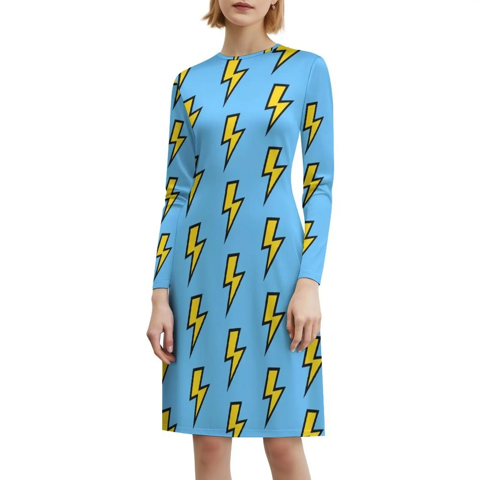 مسامير البرق الصفراء مع خلفية زرقاء زاهية على الطراز الكوري فستان كاجوال للنساء فساتين مكتب سيدة يومية بسيطة مشرقة #6