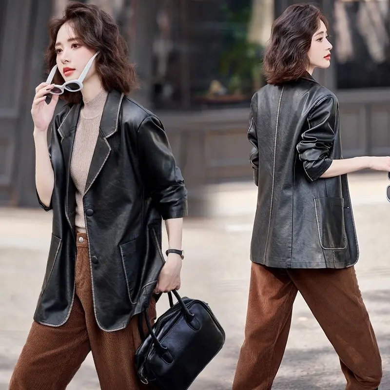 Women's Spring Autumn Leather Jacket Outerwear Tops Suit Collar Vintage Button Loose Line Sense Fashion Premium Design Leisure