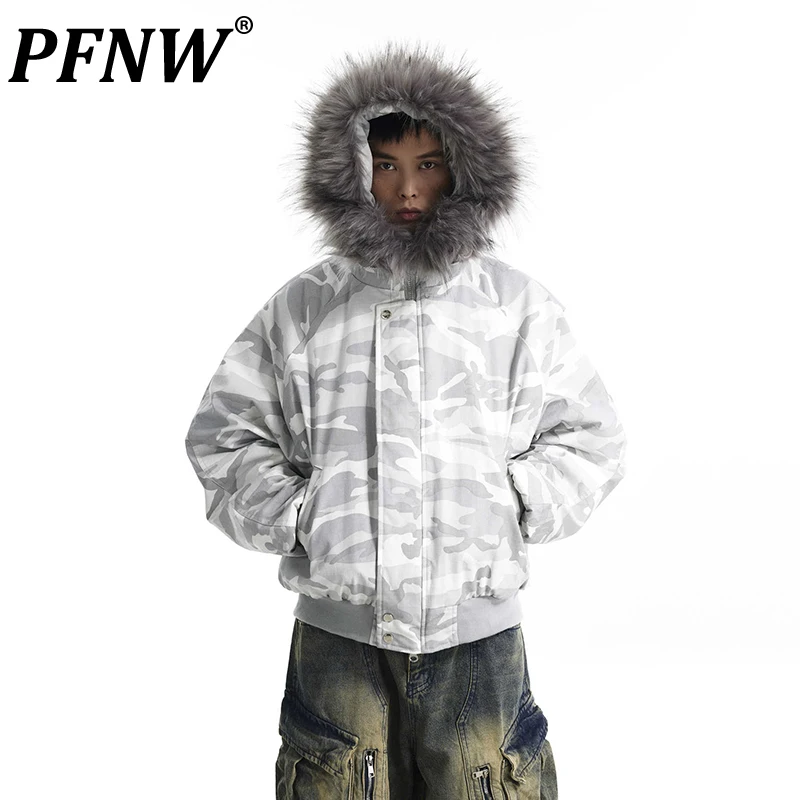 PFNW American Vintage Fur Collar Hooded Camouflage Short Men\'s Cotton-padded Coat Niche Design Quilted Padded Winter Tide Jacket