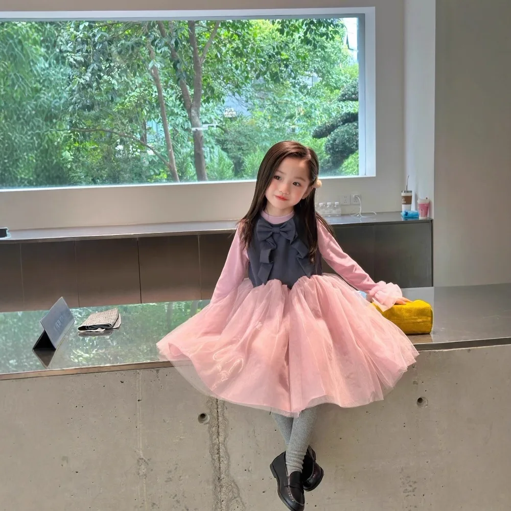 

Осенняя розовая детская одежда Bear Leader, осеннее сетчатое платье с длинными рукавами + жилет с серым бантом, комплект из двух предметов, одежда для девочек на день рождения