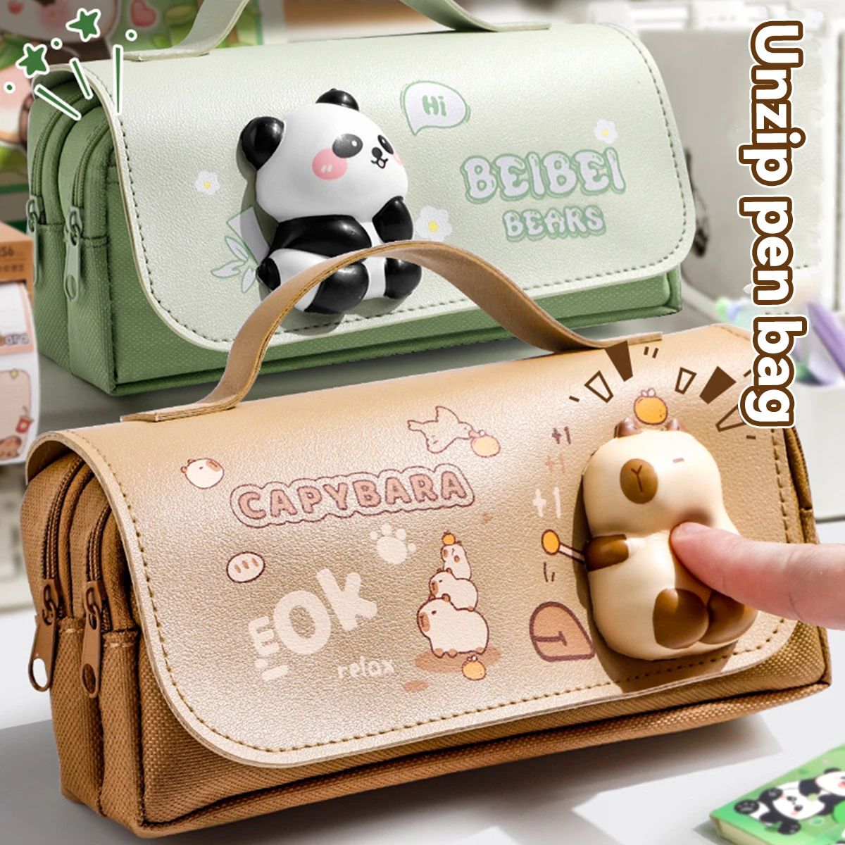 Back To School Capybara 3-lagiges Federmäppchen mit großem Fassungsvermögen, Organizer für Mädchen, tragbare Bleistifttasche, Tasche für Studenten, Schreibwaren