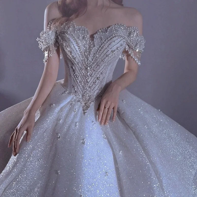 

Customized White Wedding Dress Beads Bling pearl Off the Shoulder Lace up Quality Princess Women Bride Ball Gown Plus size FH007