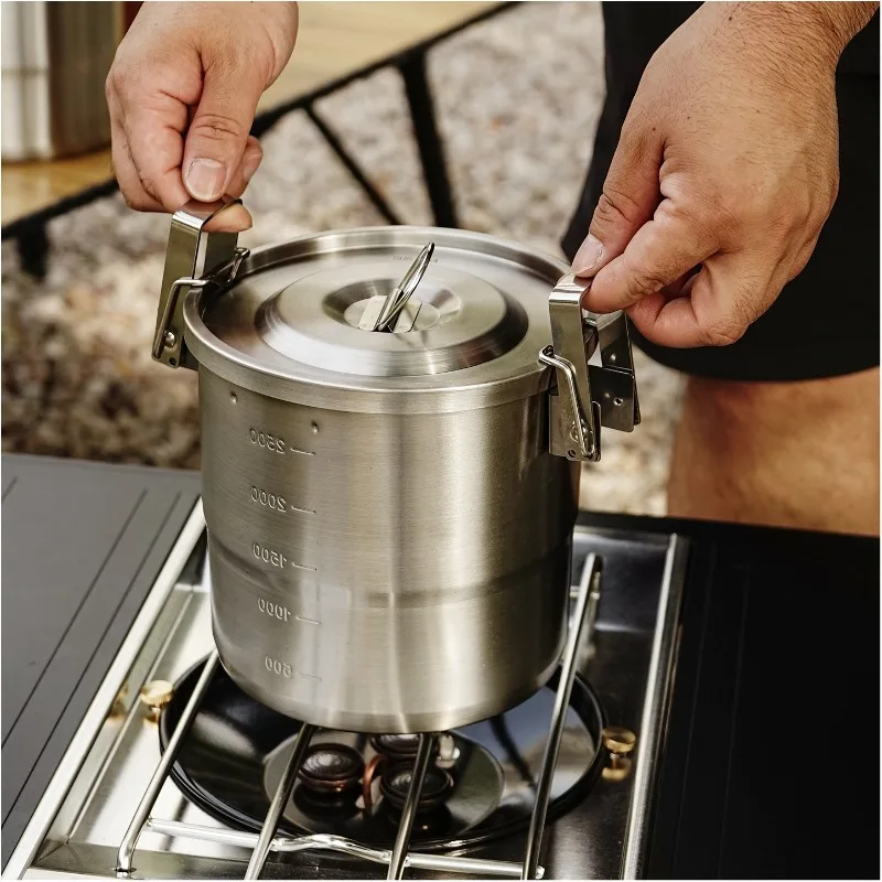 New Stainless Steel Micro-Pressure Camping Pot Home Outdoor Foldable Portable Cooking Pot with Lid, Compatible with Most Stoves