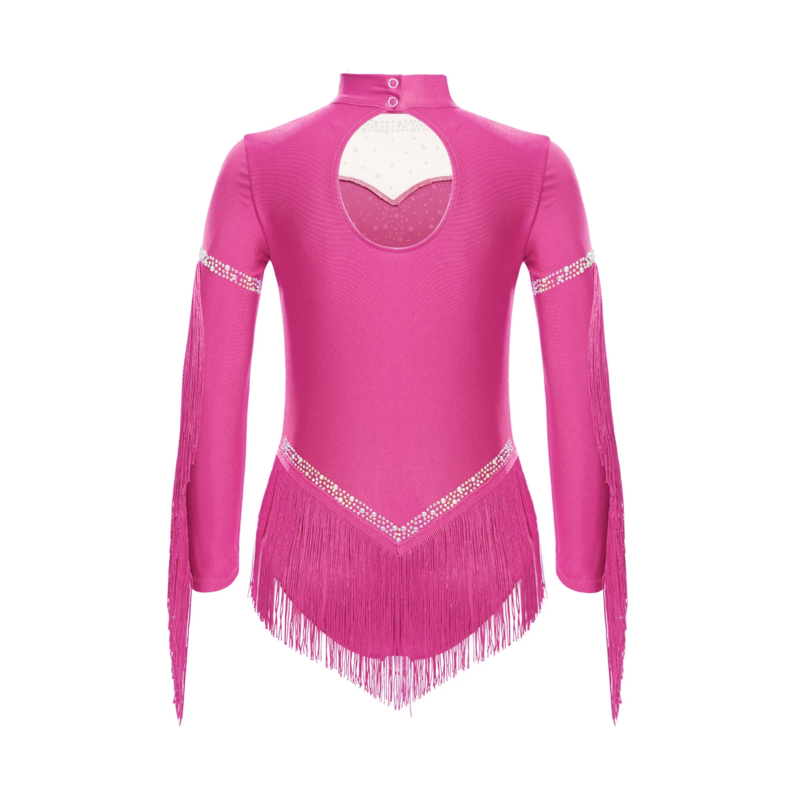 Kids Girls Fringe Latin Dance Bodysuit Long Sleeve Shiny Rhinestones Tassels Skirted Leotard Figure Skaintg Gymnastics Costume