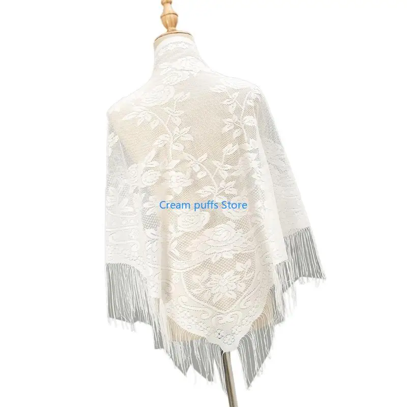 50LE Bridal Shawl Lace Tassels Shoulder Wrap Sunproof Cover Up for Outdoor Activity
