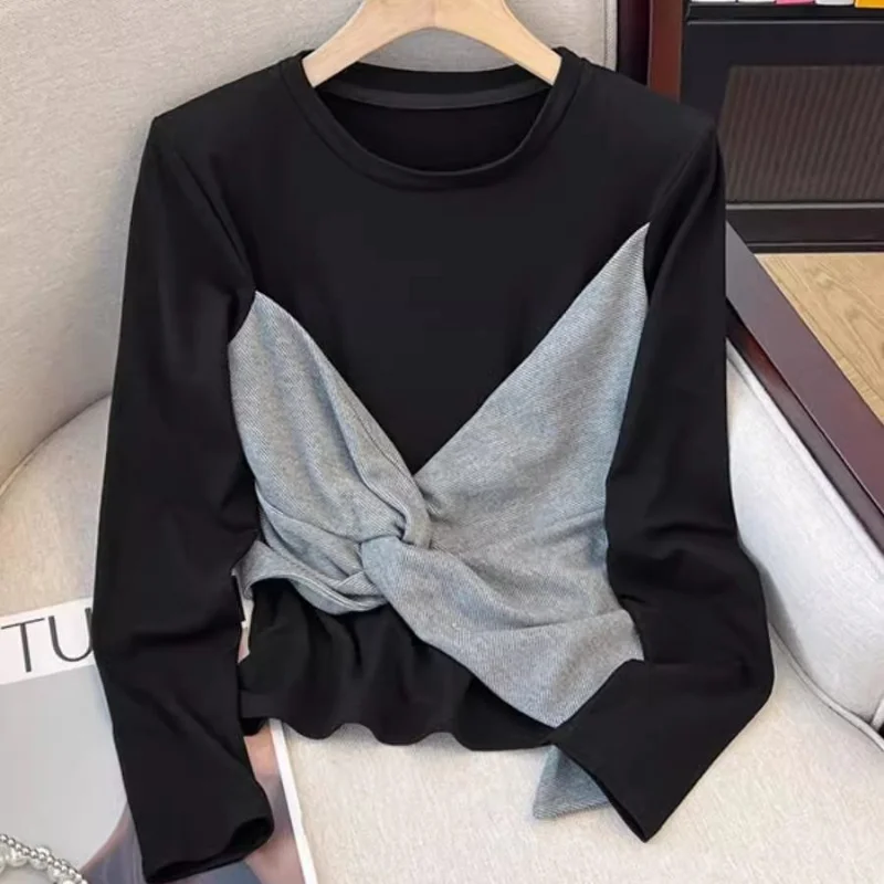 

Contrast Color Kink Irregular Fake Two-piece Long-sleeved T-shirt Women in Autumn New Style Slim Versatile Base Shirt Top