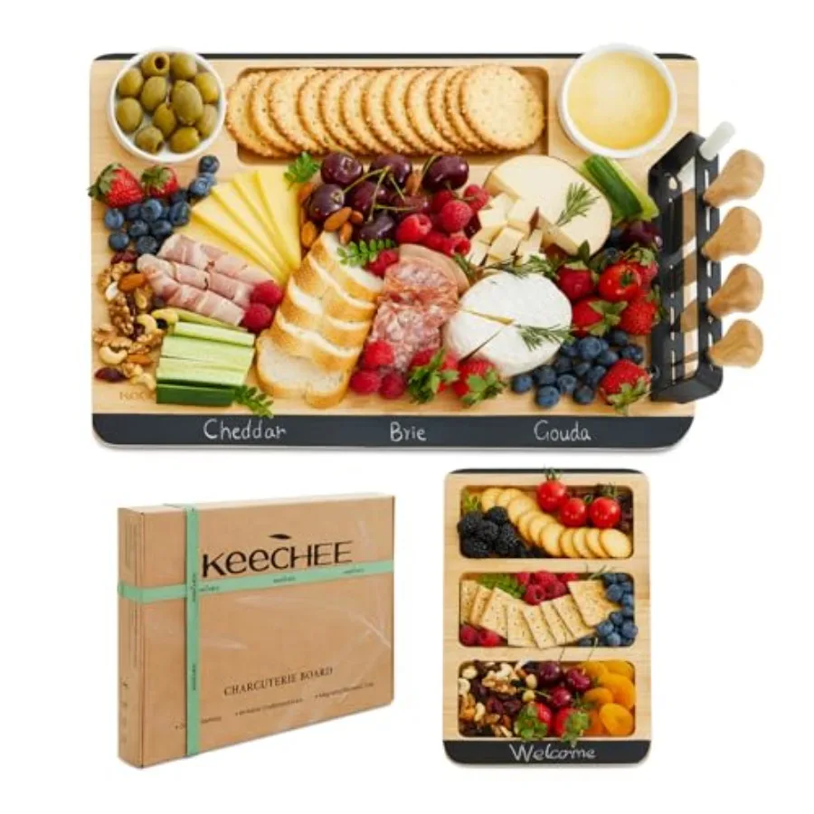 

Charcuterie Board Gift Set: Large Bamboo Cheese Board with Chalkboard Edge and Forks Ideal for Housewarming Weddings Bridal Sho