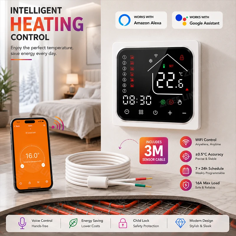WiFi Digital Thermostat Electric Underfloor Heating ±0.5℃ Precise Control 3M Sensor Cable Included Voice Remote Control Device