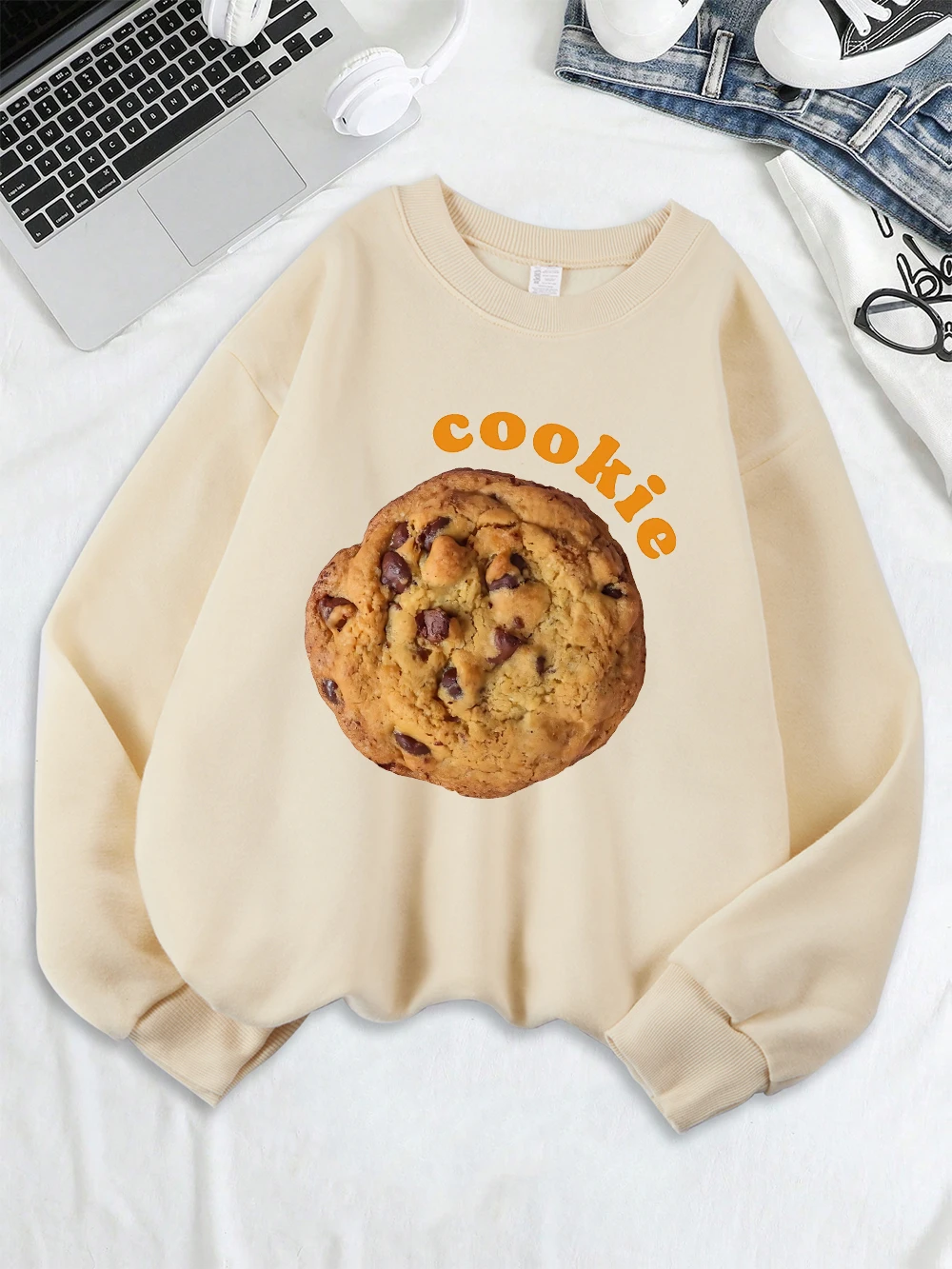 Cookie Food Graphic Printing Sweatshirts Women Loose Casual Hoodies Crewneck Soft Pullovers Fleece Warm Winter Woman Clothes