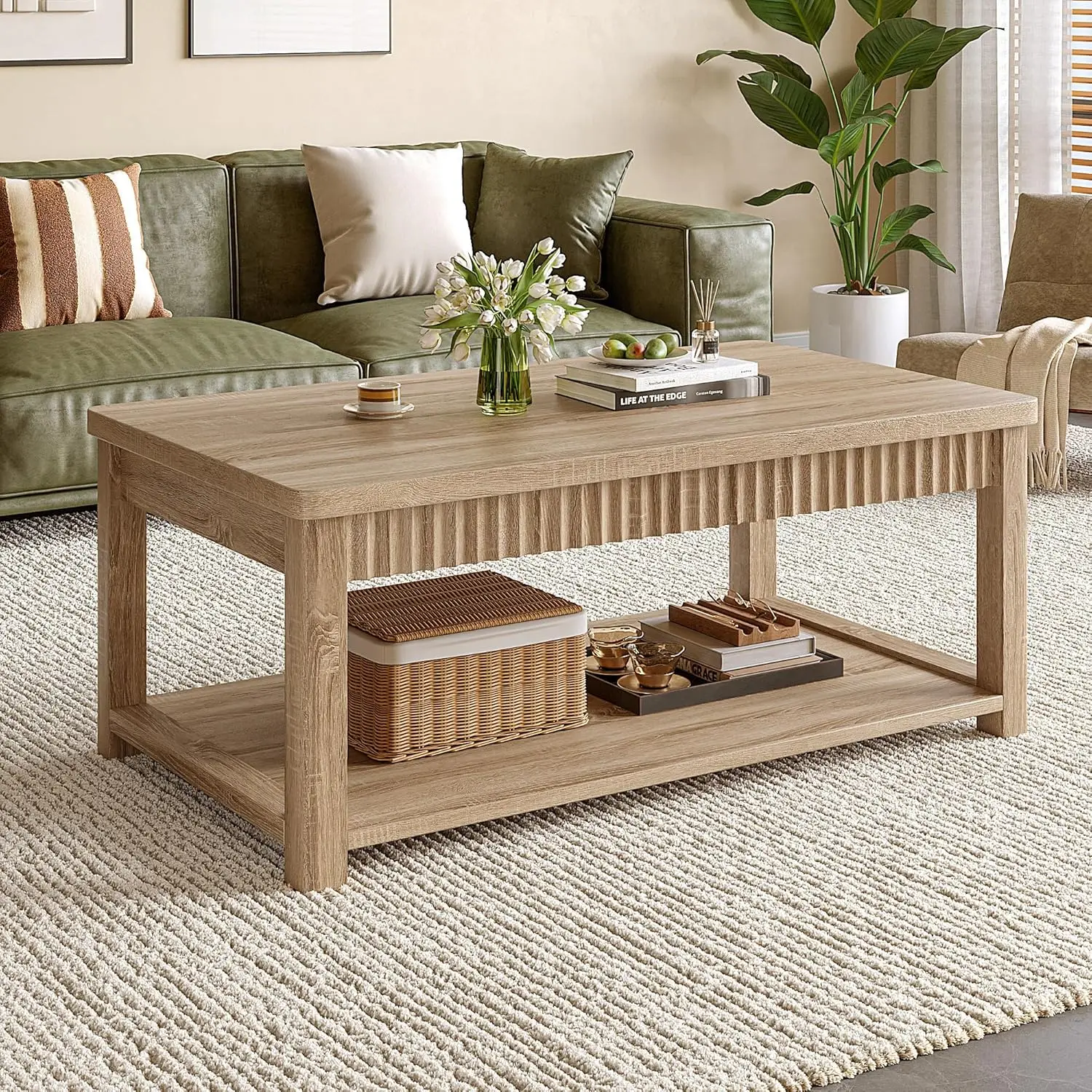 

39" 2-Tier Oak Coffee Table Wave-Edge Storage Shelf Living Room Bedroom Office, Customized