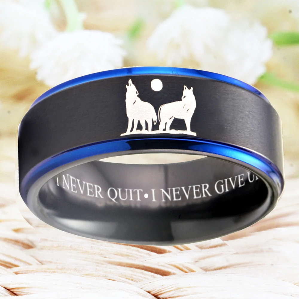 Wolf Ring Tungsten Men's Ring Alpha Wolf Ring Lonely Howling Wolf Ring I NEVER QUIT I NEVER GIVE UP Ring  Anniversary Gift Ring