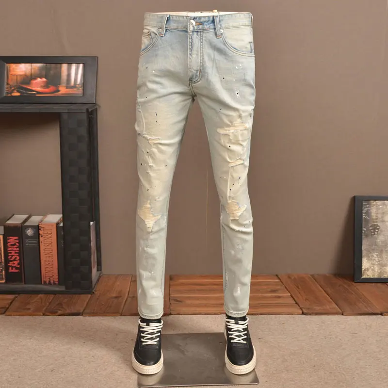 

Fashion Streetwear Men Jeans High Quality Retro Washed Blue Stretch Slim Ripped Jeans Men Painted Designer Vintage Denim Pants