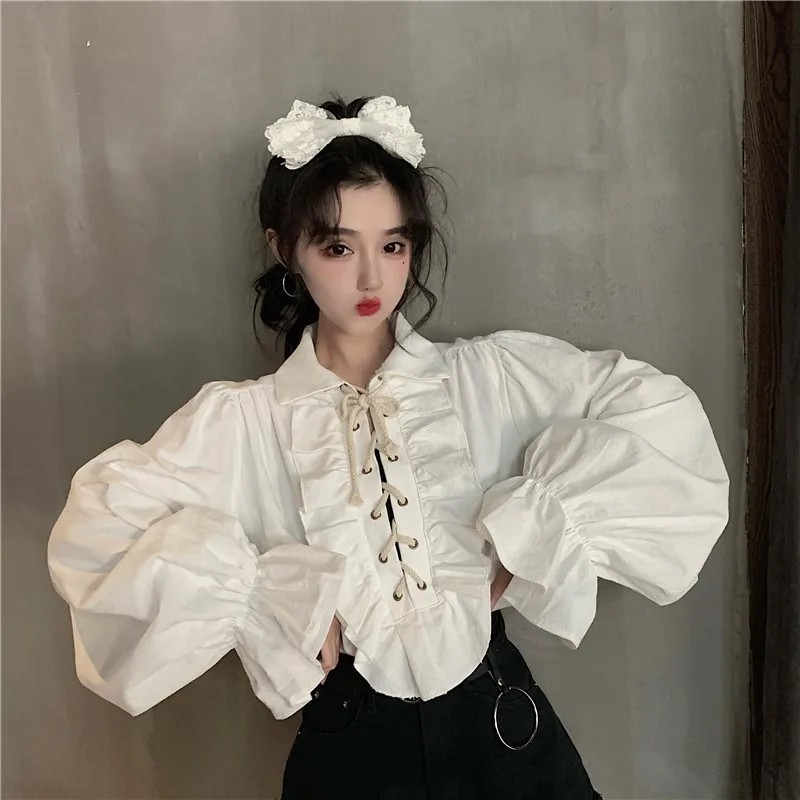 Lady Retro Lace Up Blousers Ruffles Lolita Tuxedo Shirts Drawstring Medieval Victorian Gothic Blouse French Palace Ladies Shirt