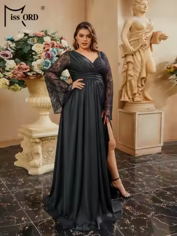 Missord Plus Size Church Dress V Neck Flare Sleeve A Line Evening Gown Wedding Birthday Party High Quality Luxury Split Dress