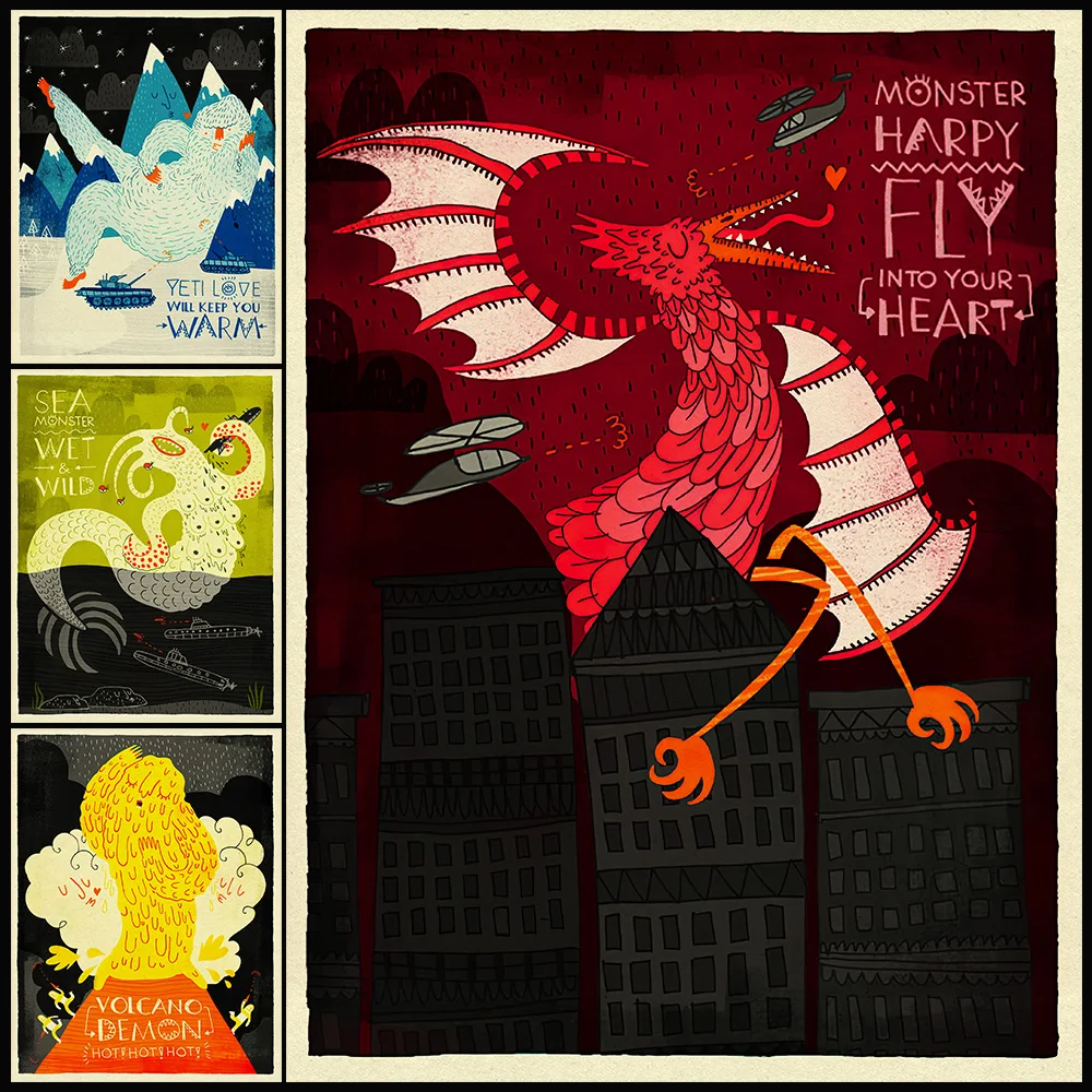 

Sexy Monster,Abstract Wall Art Canvas Painting,Snow Mountain Monsters,Dragons,Sirens,Gothic Art,Poster Print,Home Decor Unframed