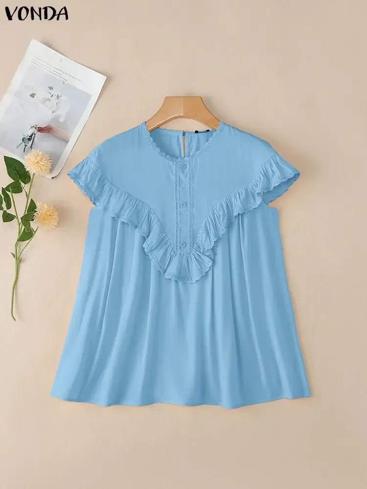 VONDA Modna Bluzka Damska Casual Krótki Rękaw Falbany Elegancka Koszula Biurowa Koronkowa Tunika Top 2025 Lato Jednolity Kolor Bluzki
