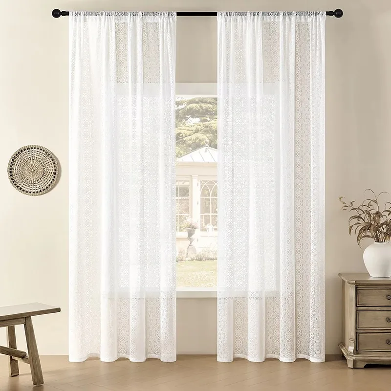 145x114cm Floral Lace Curtain Panel Clear Embroidery Vintage Window Drape Tulle Rod Pocket Guaze Window Living Room Decoration
