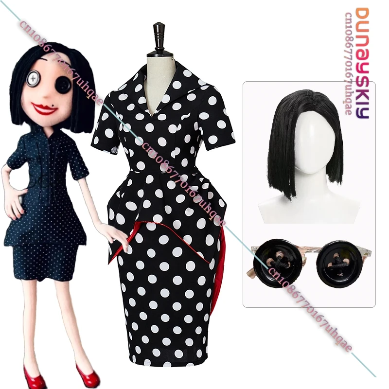 CORALINE Mom Cosplay Costume Polka Dot Dress Wig Button Glasses Set Other Mother Role-Playing Uniform 2025 Anime Halloween Party