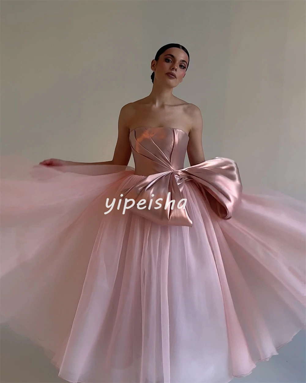 Customized High Quality Elegant Tulle Bow Pleat A-line Strapless Midi Dresses Bespoke Occasion Dresses Sizes Available Matching