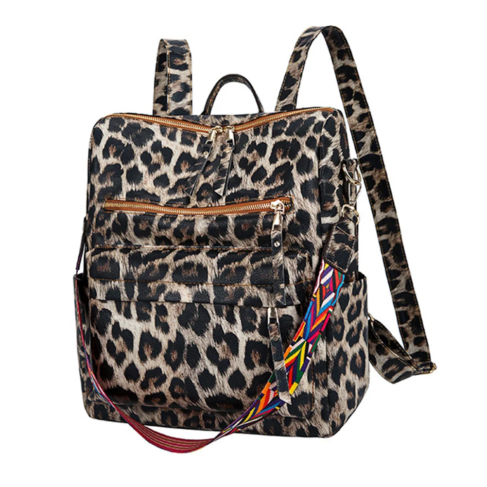 حقيبة ظهر بطبعة الفهد بسعة كبيرة للنساء حقيبة كتب بنية للطلاب حقيبة مدرسية من مادة البولي يوريثان حقيبة يد للسفر حقيبة كتف #4