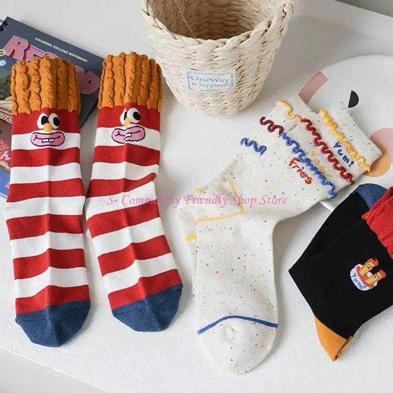 

85ae упаковка из 3 пары хлопковых носков экипажа с мультипликационным гамбургером фри Полосатый дизайн для детей Прекрасная