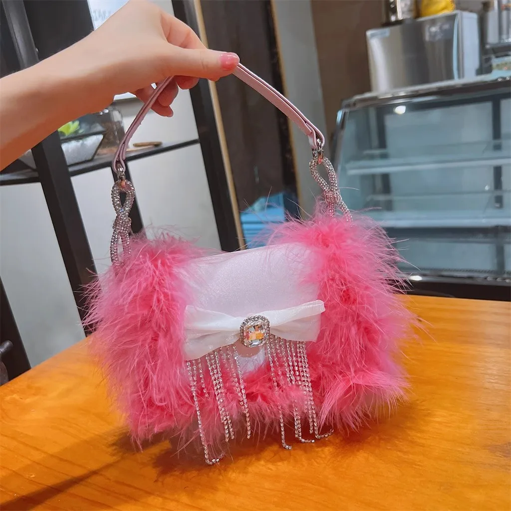 Ostrich Hair Square Bag Luxury Satin Women's Handbag Glitter Shiny Diamonds Evening Bag Wedding Party Clutch Purse Shoulder Bag