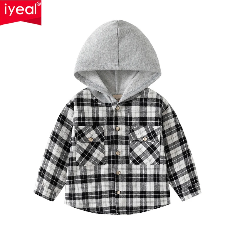 IYEAL Kids Boys Hooded Plaid Shirt Jacket Black White Checkered Button Down Long Sleeve Children Patch Pocket Casual Coat