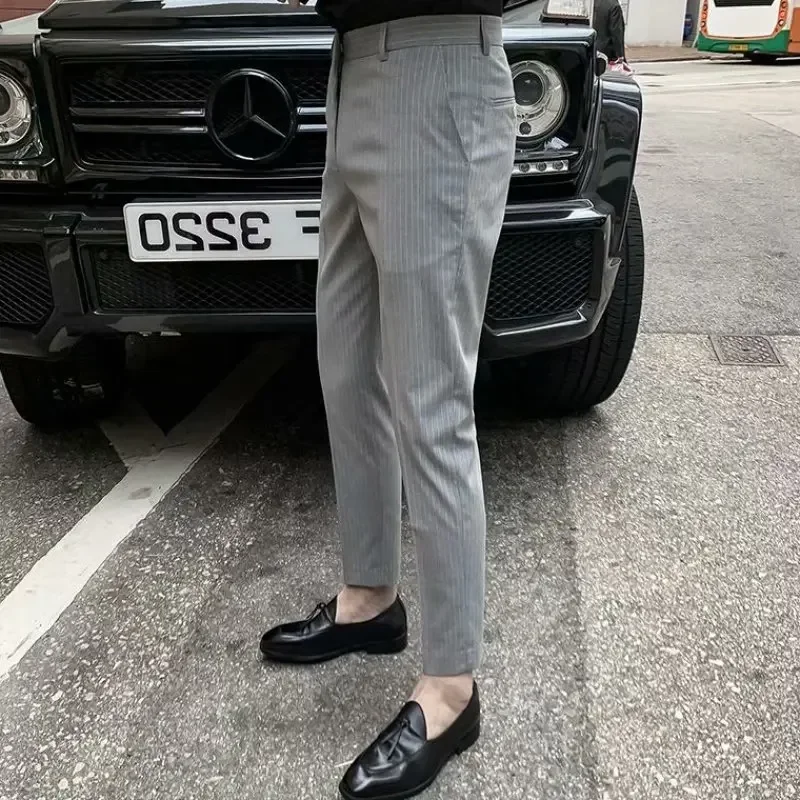 الرجال عالية الخصر البدلة العادية السراويل طويلة بانت مستقيم بنطلون جيوب لصق سليم صالح مخطط عادية الخريف شتاء 2025 جديد #3