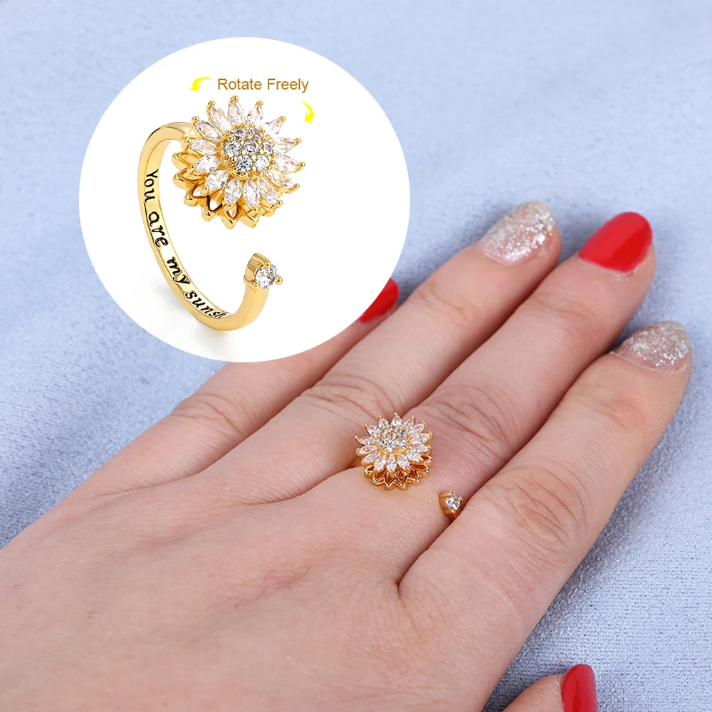 New Design You Are My Sunshine Rotatable Sunflower Flower Spinner Ring CZ Zircon Anti Stress Anxiety Rings Birthday Gift Jewelry