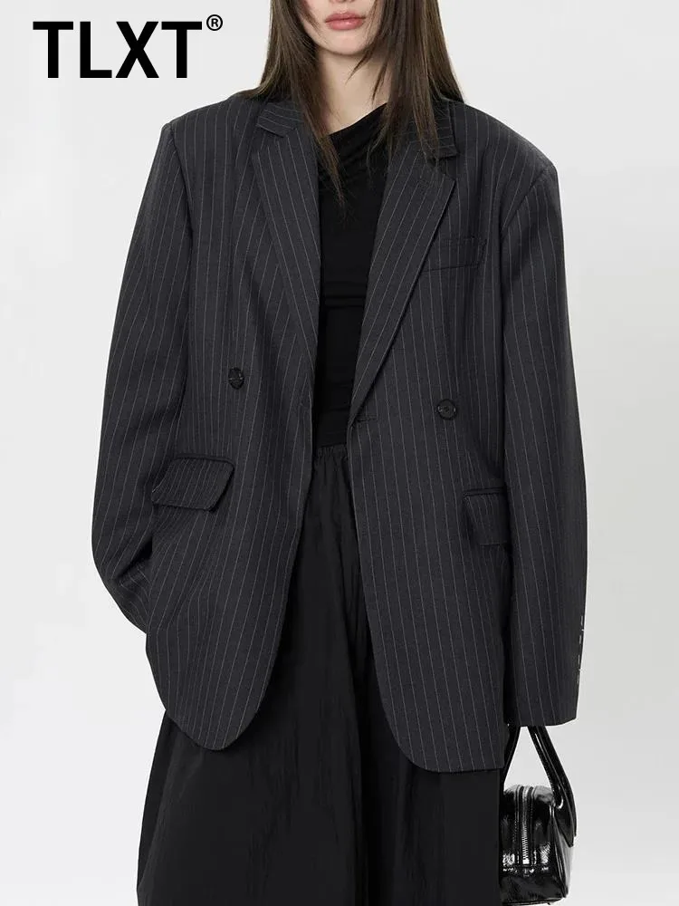 

TLXT повседневный полосатый пиджак с вышивкой, женский пиджак с зубцами и длинными рукавами, темпераментное пальто с разрезом сзади, женский, новинка 2025, XK1300