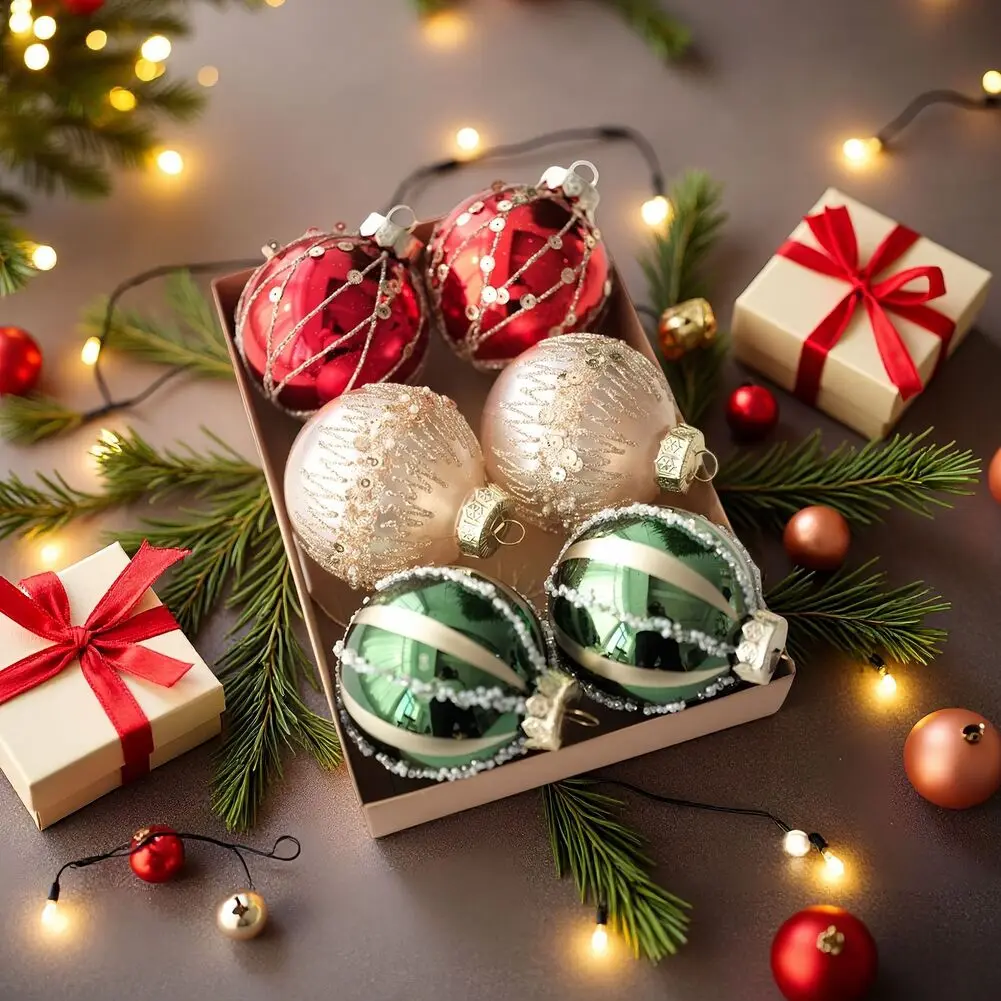 

Christmas Tree Decoration Set 6 Plastic Baubles with Hanging Strings for Trees Tables and Event Display 8cm Size
