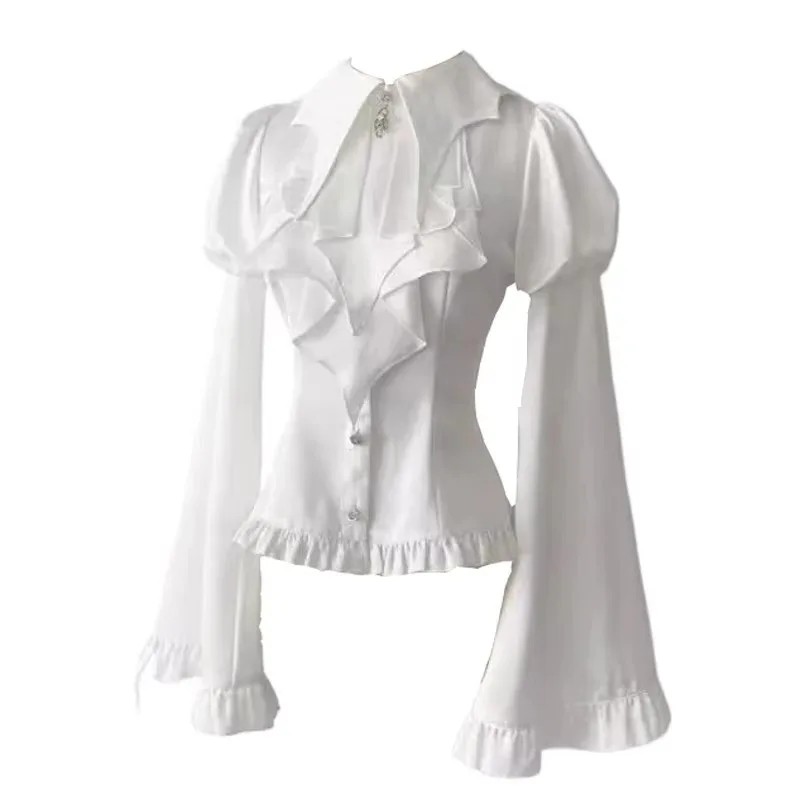 Gothic Lolita Lace Blouse Shirt Bat Lapel Collar Women Frill Cobweb Sleeves Ruffle Tops Cravat Jabot Tie Halloween Devil Costume