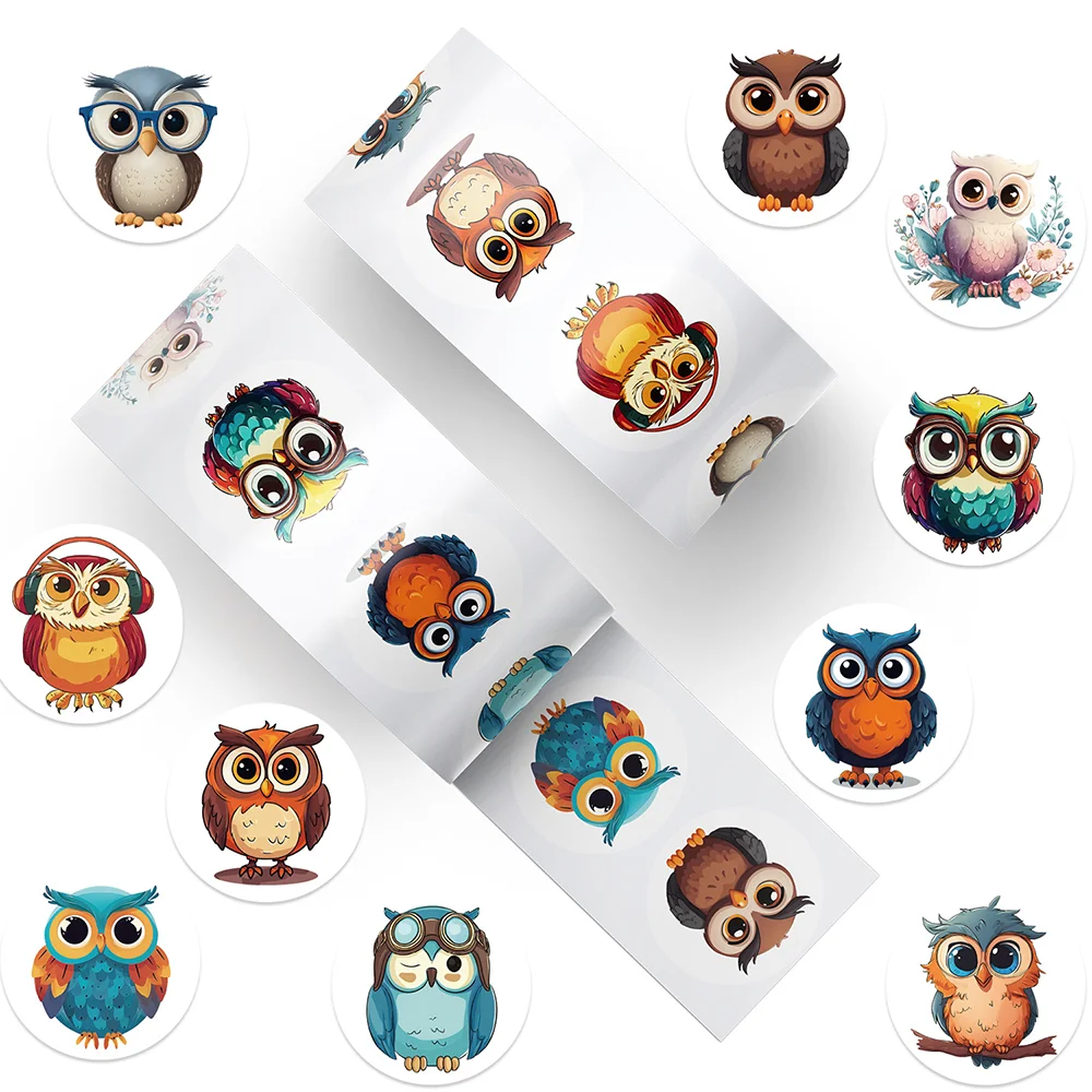 500pcs/Roll Cartoon Owl Handbook Roll Sticker PVC Material DIY Notebook Children's Daily Toy Scrapbook Waterproof Party Stickers