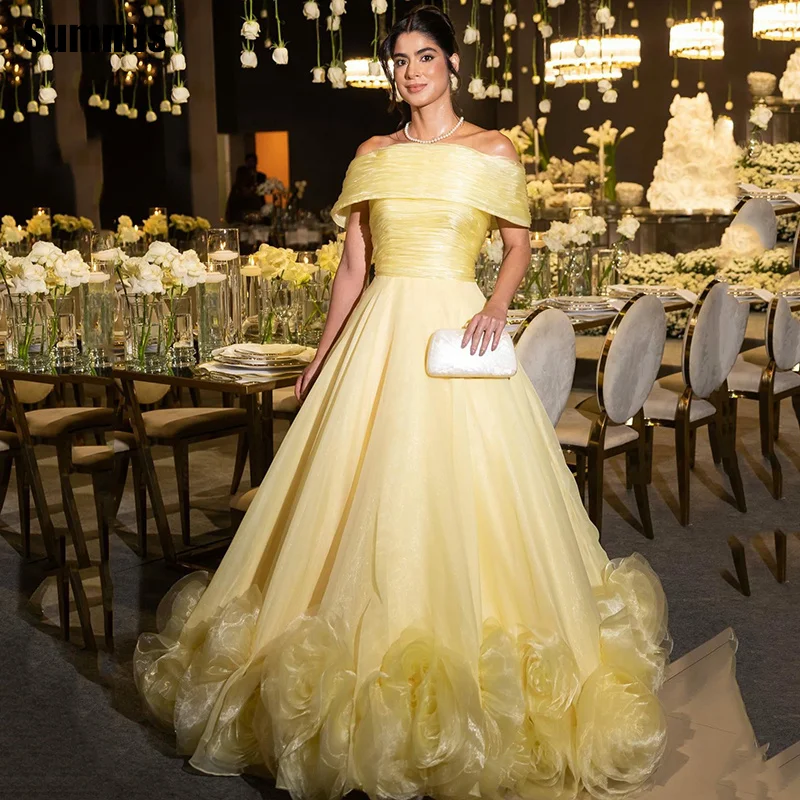 

Sumnus Elegant A-Line Prom Dress Yellow Off Shoulder 3D Flowers Formal Pleats Evening Dress vestidos Customized