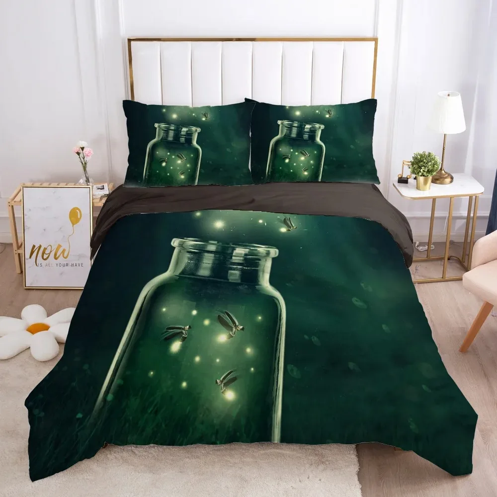 Cartoon Firefly Duvet Cover King/Queen Size,Natural Forest Animals Theme Bedding Set for Boys Dark Green Polyester Quilt Cover