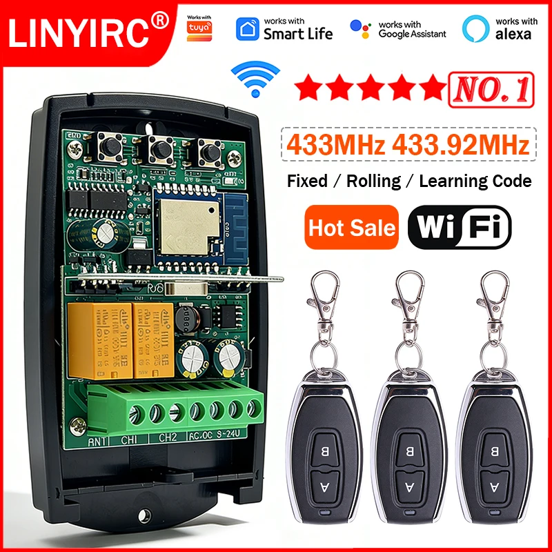 Universal Works With Tuya 433MHz 433.92MHz Fixed Rolling Code Garage Door Opener Gate Receiver Remote Control Smart Switch Relay