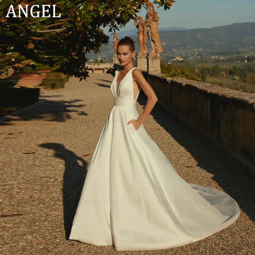 

ANGEL Simple A-Line Wedding Dress for Women Customized Sleeveless V-Neck Buttons Satin Long Bridal Gowns Train Vestidos De Noiva