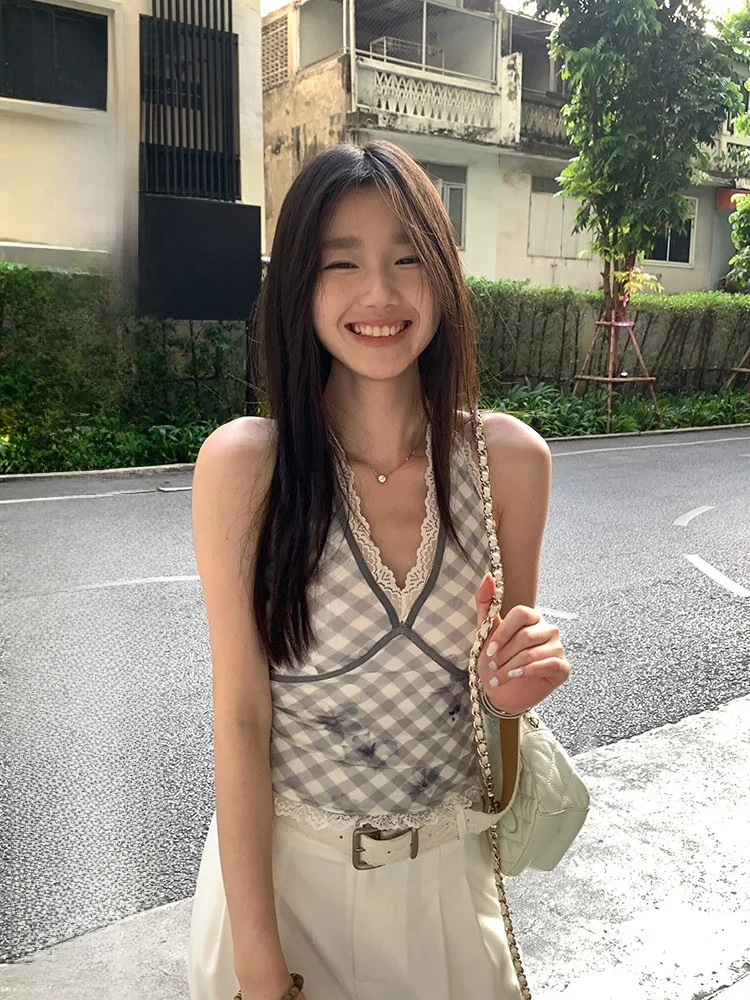 

YOKLASS корейский вязаный топ с кружевной отделкой Ne висящий клетчатый узор весеннее новое поступление женский облегающий топ V-Ne Svel