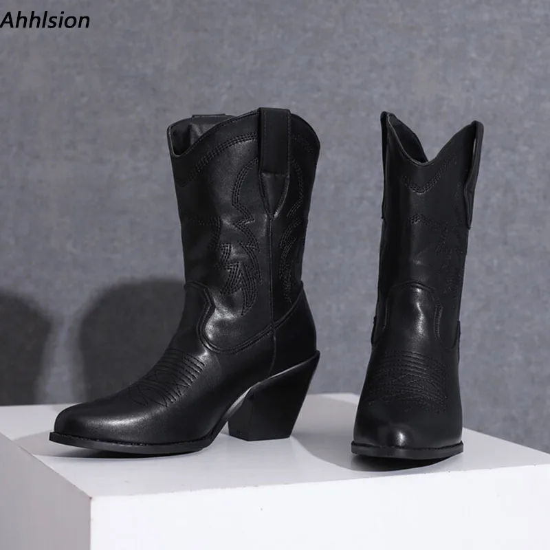 

Ahhlsion/Новое поступление, женские зимние ботинки средней длины без шнуровки на массивном каблуке с острым носком, красивая черная повседневная обувь, размер США, большие размеры 4-16