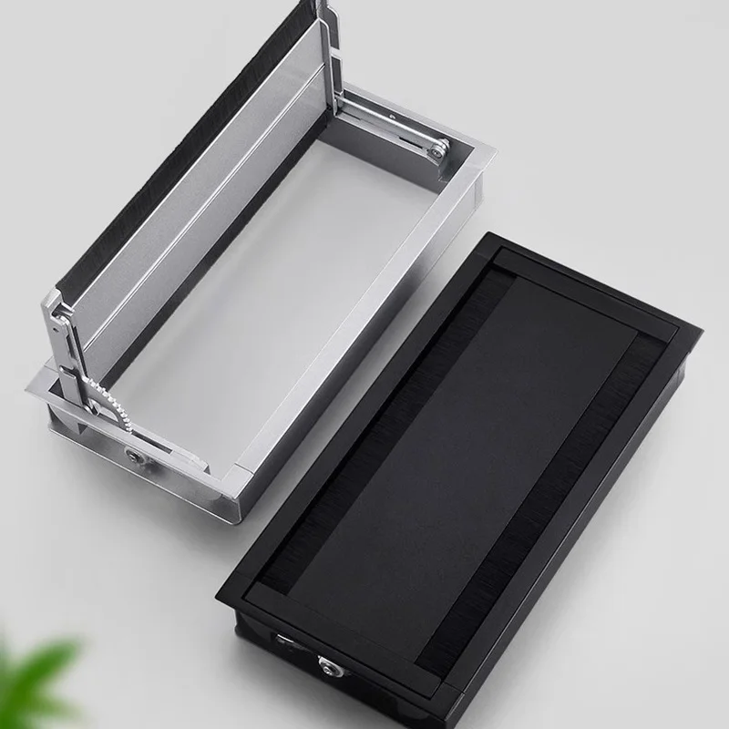 Matte Black Silver Aluminum Rectangle Slow Motion Soft Close Gear Wheel Flap Double Side Desktop Cable Grommet Office Desk Table