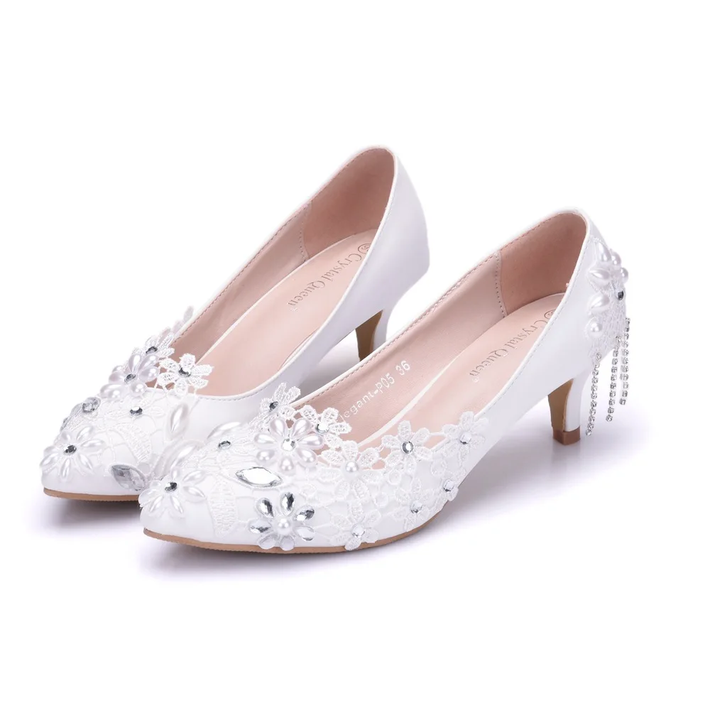 

New Women's High-heeled White Wedding Shoes Round Head Large Size Wedding Shoes Lace Rhinestone Flower Wedding Single Shoes